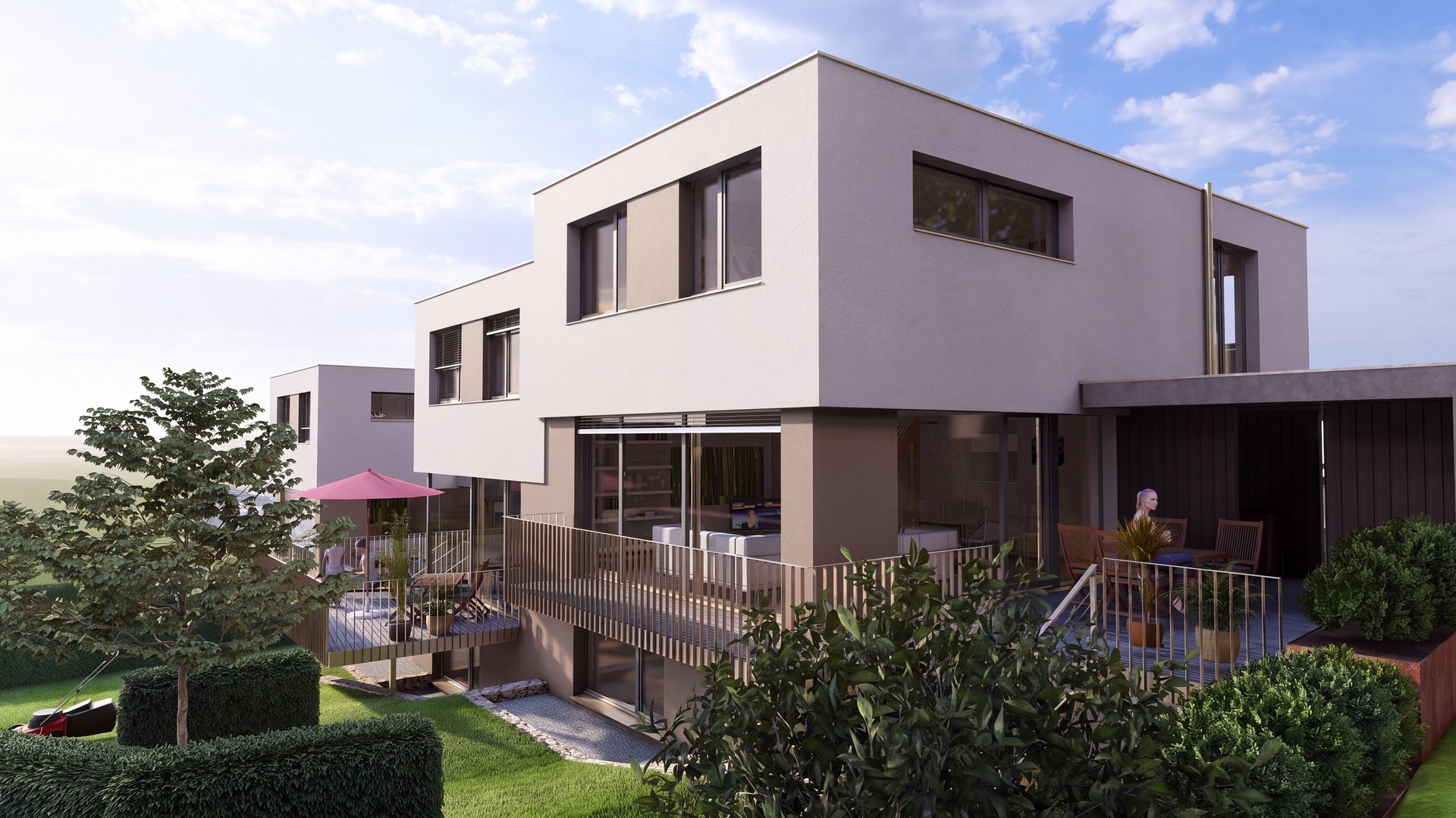 Gartenseite einer Doppelhaushälfte mit Terrasse