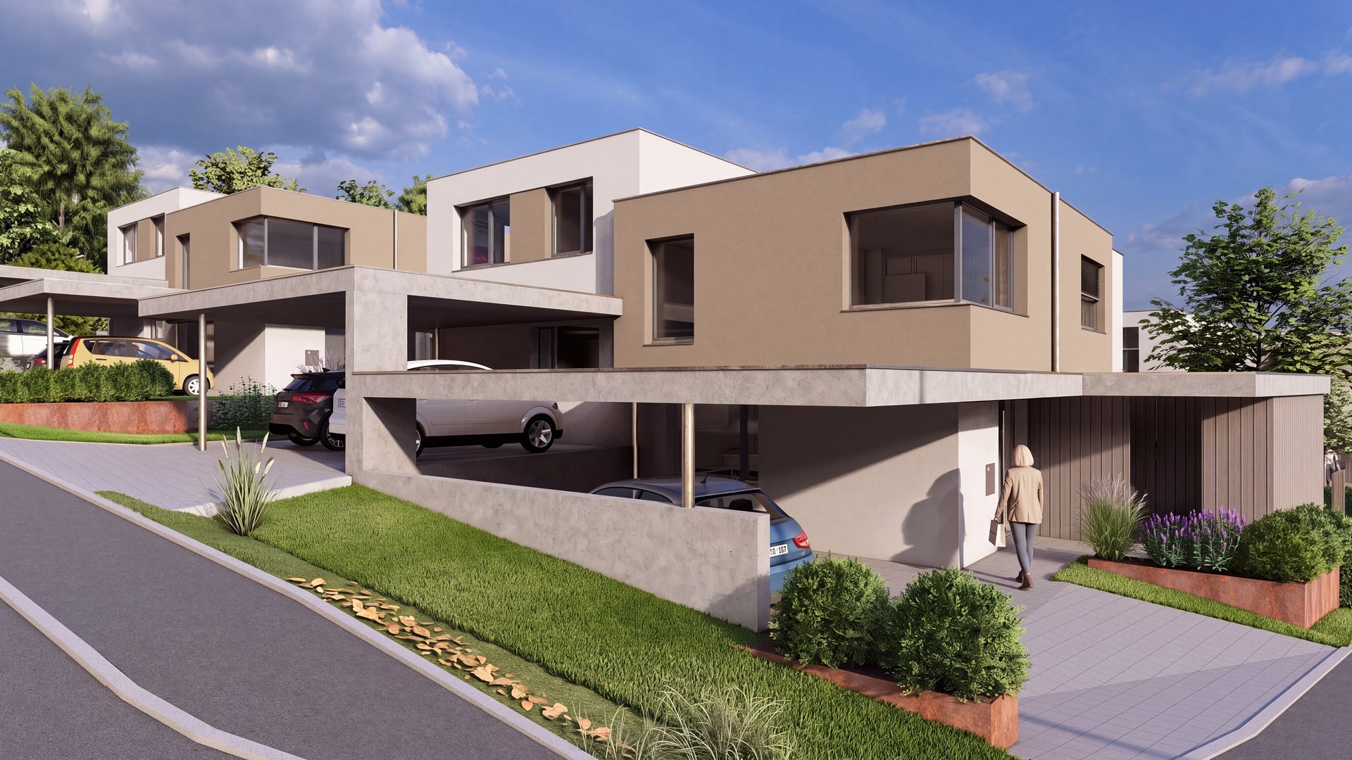 Straßenseite mit Carports und Vorgärten
