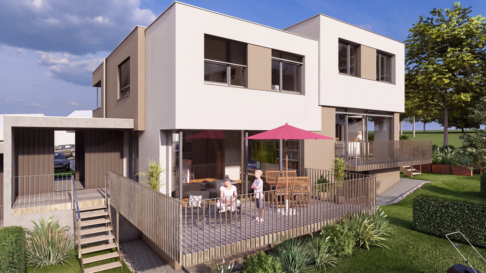Familie auf der Terrasse über dem Garten